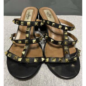 VALENTINO 60 MM Gold Rockstud Black Calfskin Leather Slides Mules Sandal Size 36